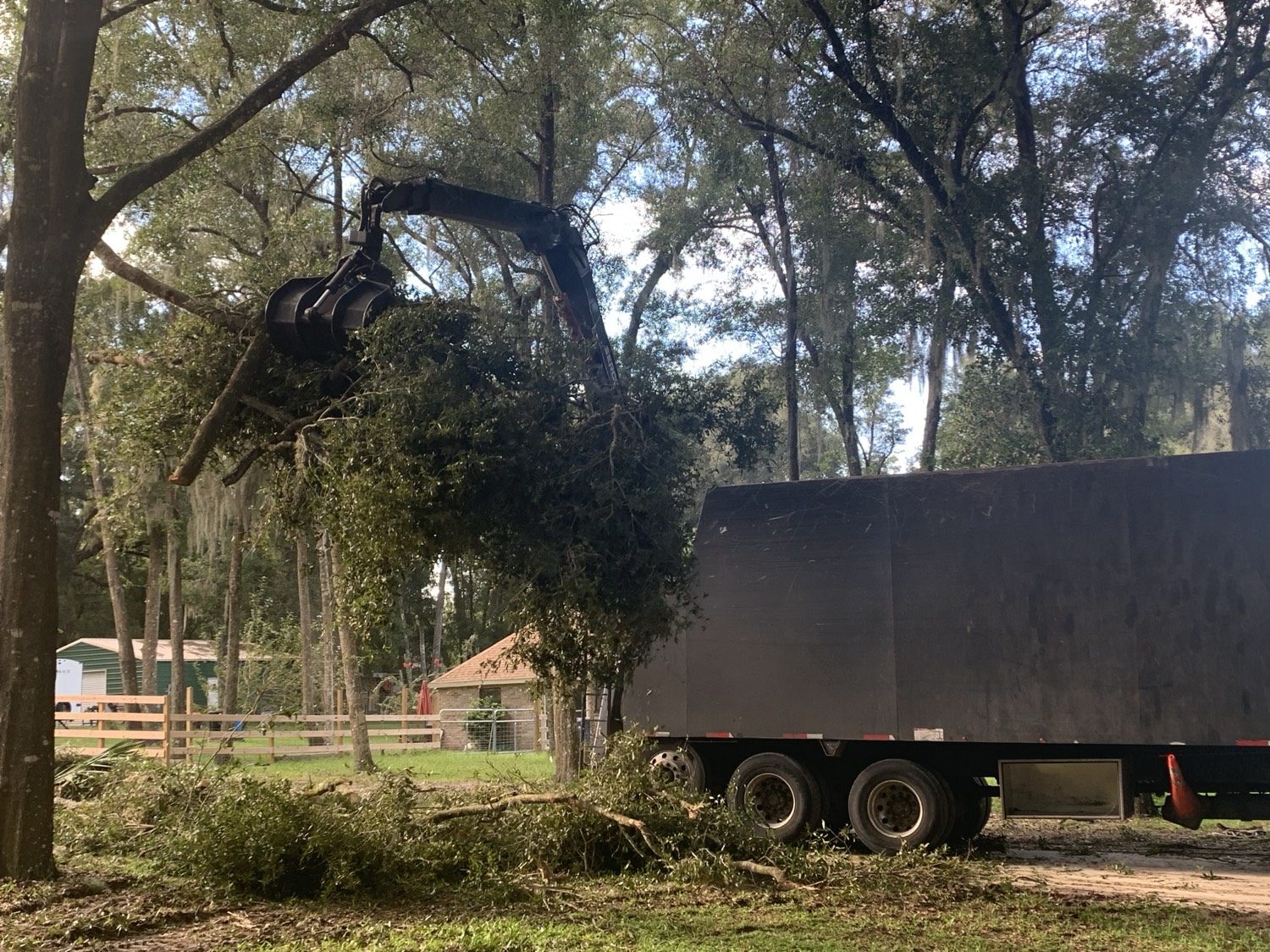 Grapple loading oak debris into Hayden's dump trailer — Volusia County